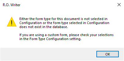 The error that appears when you try to print a form that does not exist in the database. 