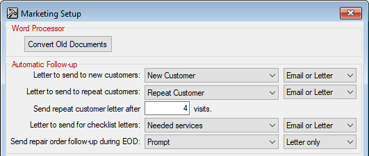 The top half of the Marketing Setup window.