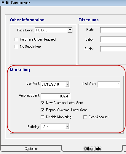 The Marketing section circled on the Other Info tab of the Edit Customer window.