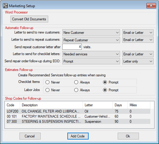The Marketing Seup window.