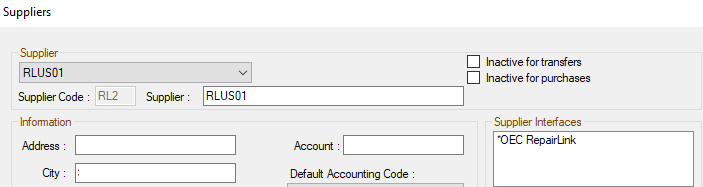 The Suppliers configuration window showing the OEC dealer as an R.O. Writer supplier.