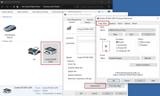 The Godex printer settings.