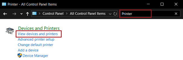 View Devices and Printers circled in the search results in the Windows Control Panel.