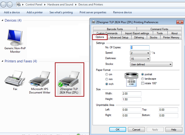 The Zebra printer on the Control Panel window and the Options tab open next to it.