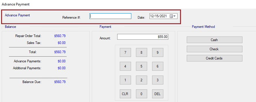 The top of the Advanced Payment window.