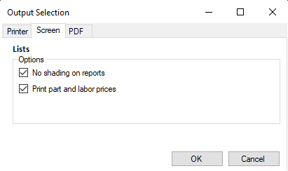 The Screen tab on the Output Selection window.