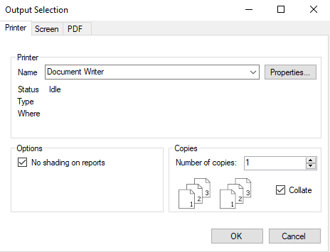 The Output Selection window with the Printer tab showing
