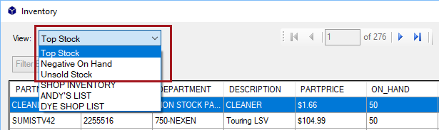 The View dropdown list expanded with the default views circled.