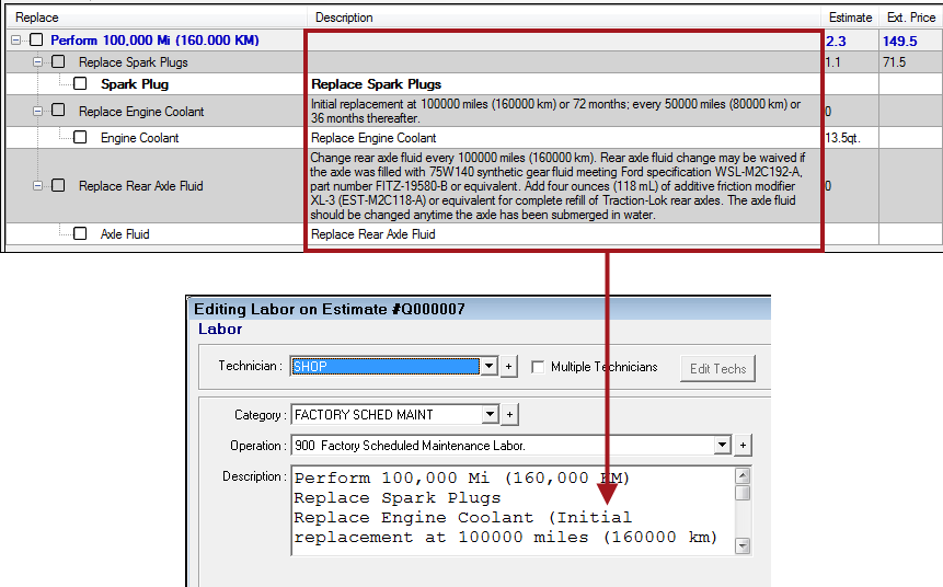 The description column circled and pointing to the same information displaying in the Description box after the service is posted.