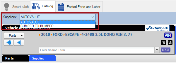 The Suppliers dropdown list showing the alliance catalogs.