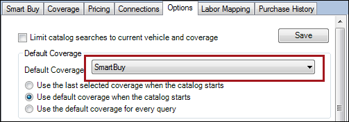 the Options tab with Smart Buy selected as the Default Coverage.