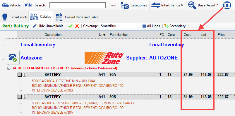 Search results with no border around the cost icon and the Cost column displayed.