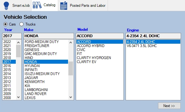 the Vehicle Selection columns.