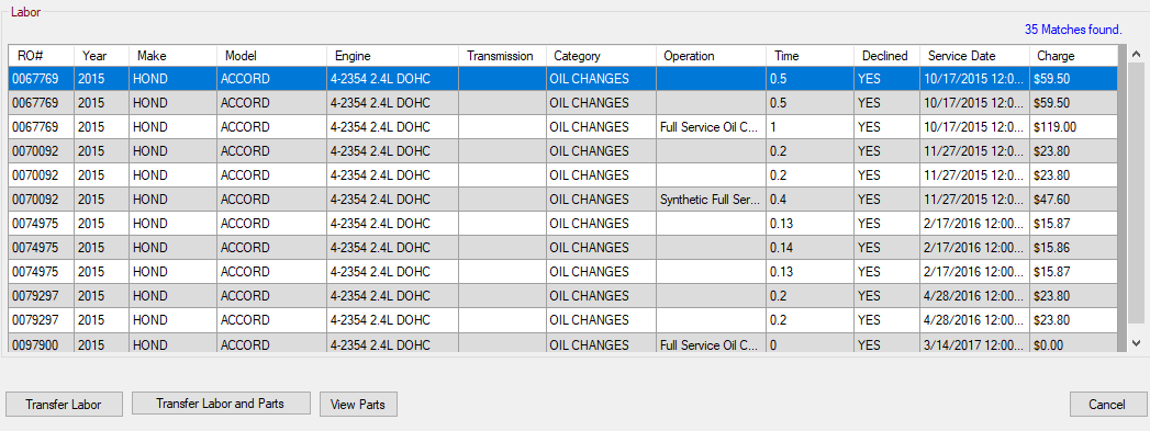 Search result columns on the Estimate Search window.