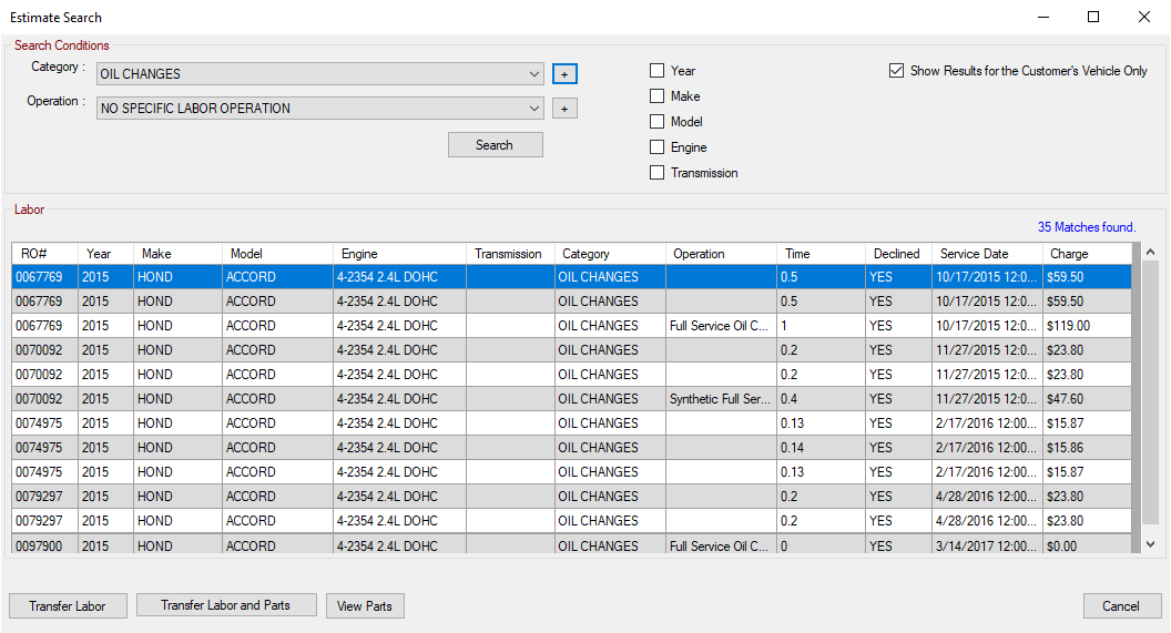 Search results on the Estimate Search window.