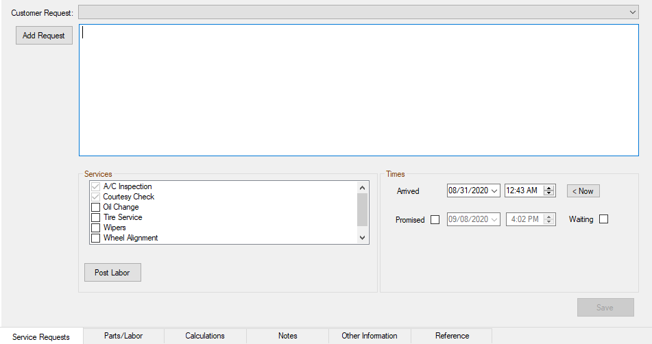 The Service Request tab.