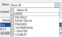 The Status filter dropdown list expanded with Select All selected.