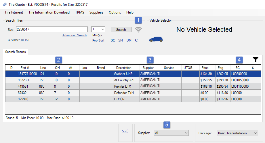 Search results in offline mode with numbers over areas of the window.
