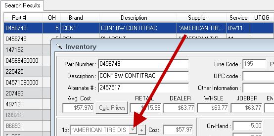 The supplier in the row of search results pointing to the first supplier in the part record.