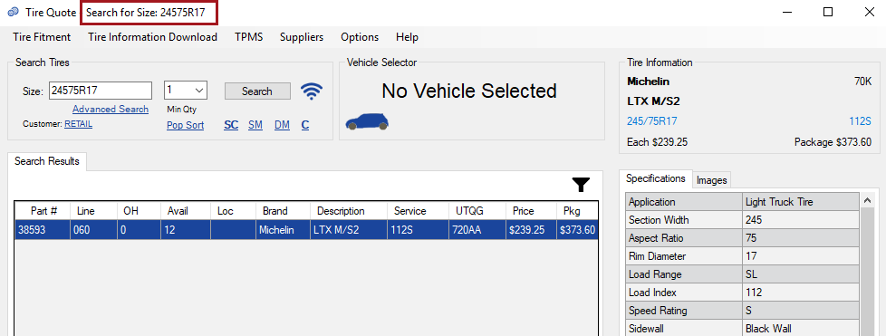 Tire size search results with the tire size circled in the title bar. 