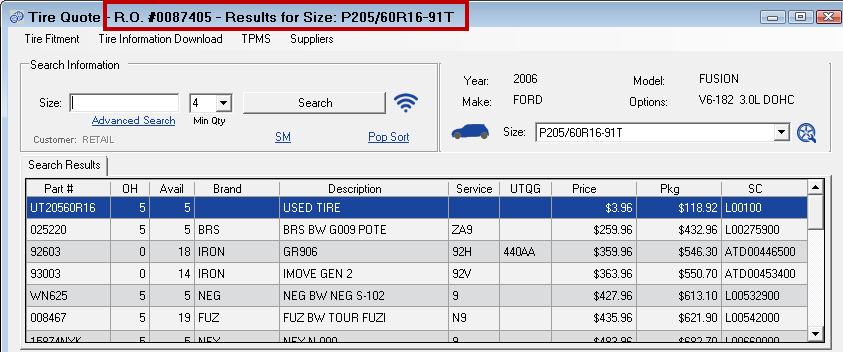 The search results with the ticket number and size search in the title bar.