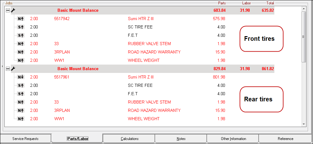 The front and rear tires posted under separate labor operations in the Jobs section.