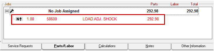 A scanned part appearing in the Jobs section of the Parts/Labor tab.