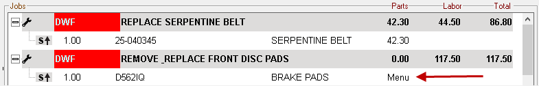 A menu job in the Jobs section of the Parts/Labor tab.