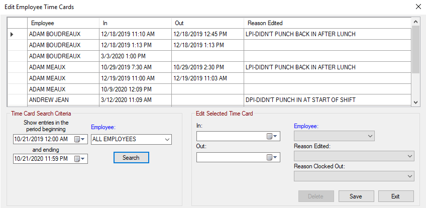 The Edit Employee Time Card window.