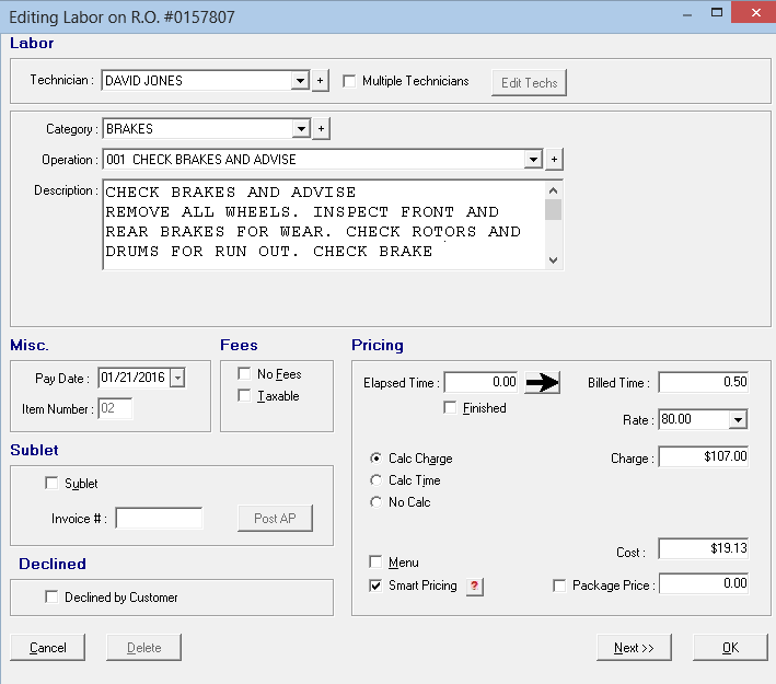 The Editing Labor window for a labor opened from a ticket.
