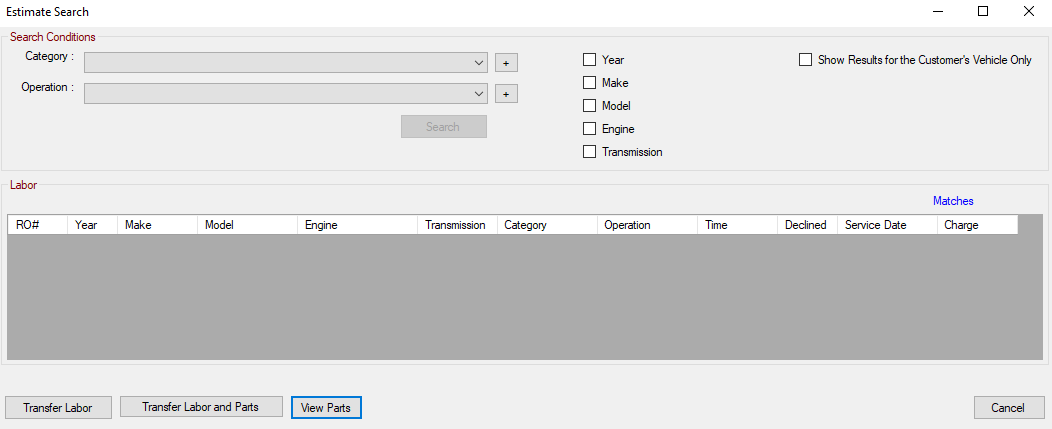 The new Estimate Search window.