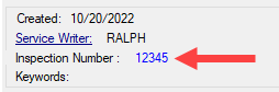 The information section with the Inspection number showing.