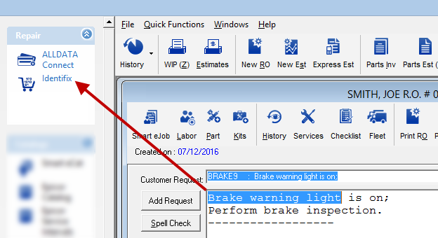 Keywords entered in the customer request box pointing to the Identifix icon in the quick launch.