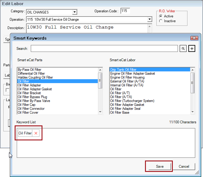 The Smart Keywords window showing the keyword selected in the Keyword List.