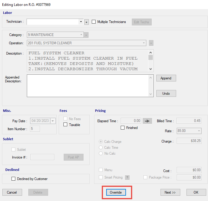 The locked Editing Labor window with Override circled.
