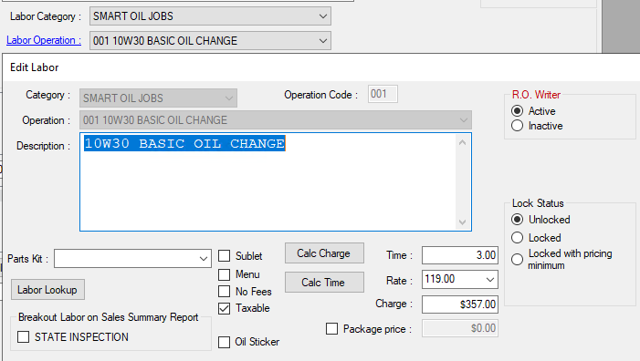 The edit labor window opened from the Smart Job.