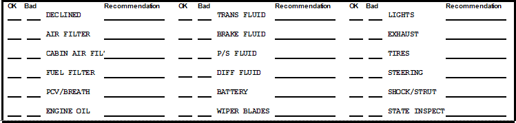 Checklist items on a printed work order.