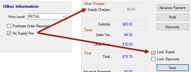 Supply Charges disabled with Lock Supply checked. 