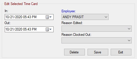 The Edit Selected Time Card section showing time card details.