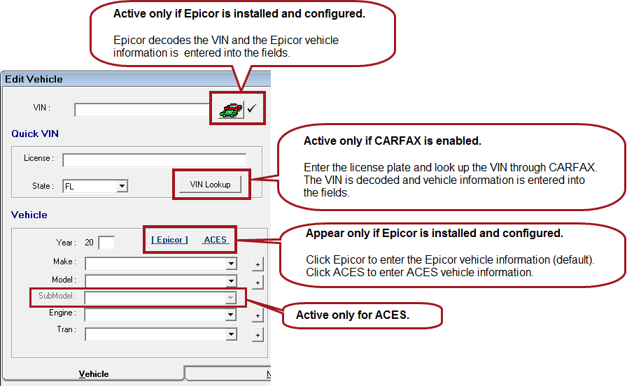 The left side of the vehicle tab with callouts explaining parts of the window.