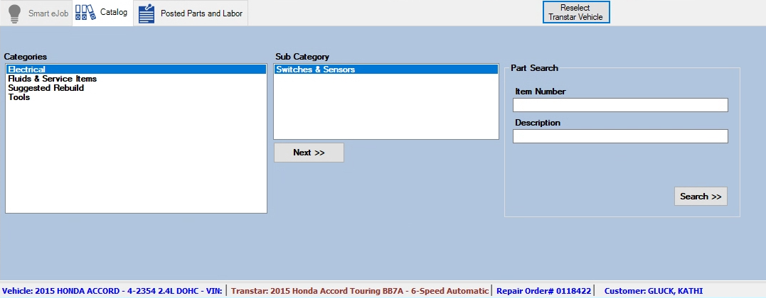 The Transtar categories and sub categories for the vehicle.
