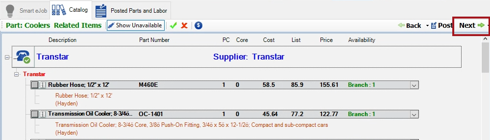The Transtar search results with a part selected. 