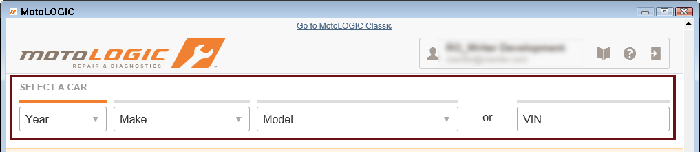 The MotoLOGIC window with the vehicle selection dropdown lists circled.