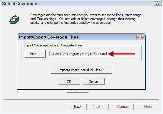 the Import/Export Coverages popup window with an MCL file selected.