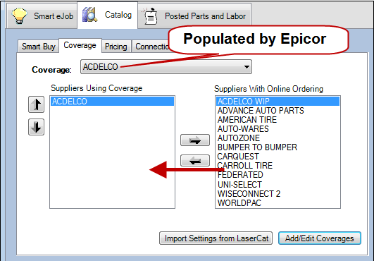 The Coverage tab pointing to the Coverage dropdown list populated by epicor.
