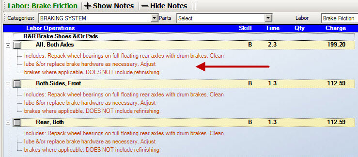 Catalog labor search results showing notes.