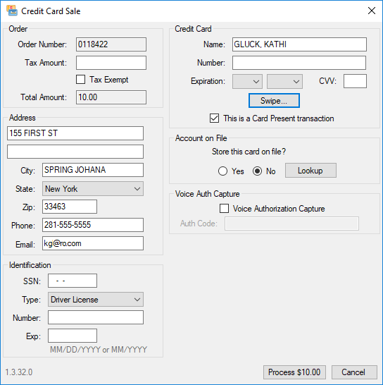 The Credit Card Sale window partially completed with information from the open ticket.