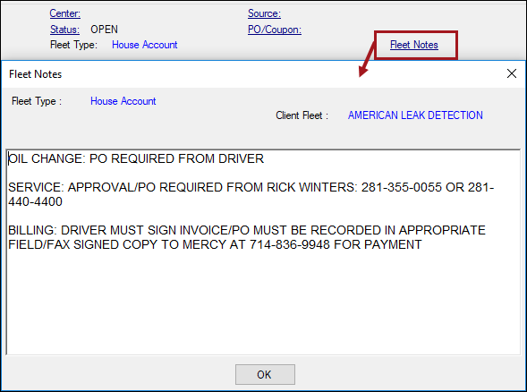 The Fleet Notes link circled and pointing to an open Fleet Note.