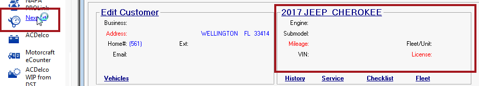 A catalog clicked in the quick panel for a ticket that has no vehcicle information entered.
