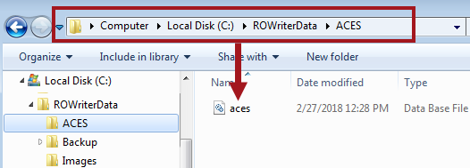 The location of the ACES database in Windows Explorer.